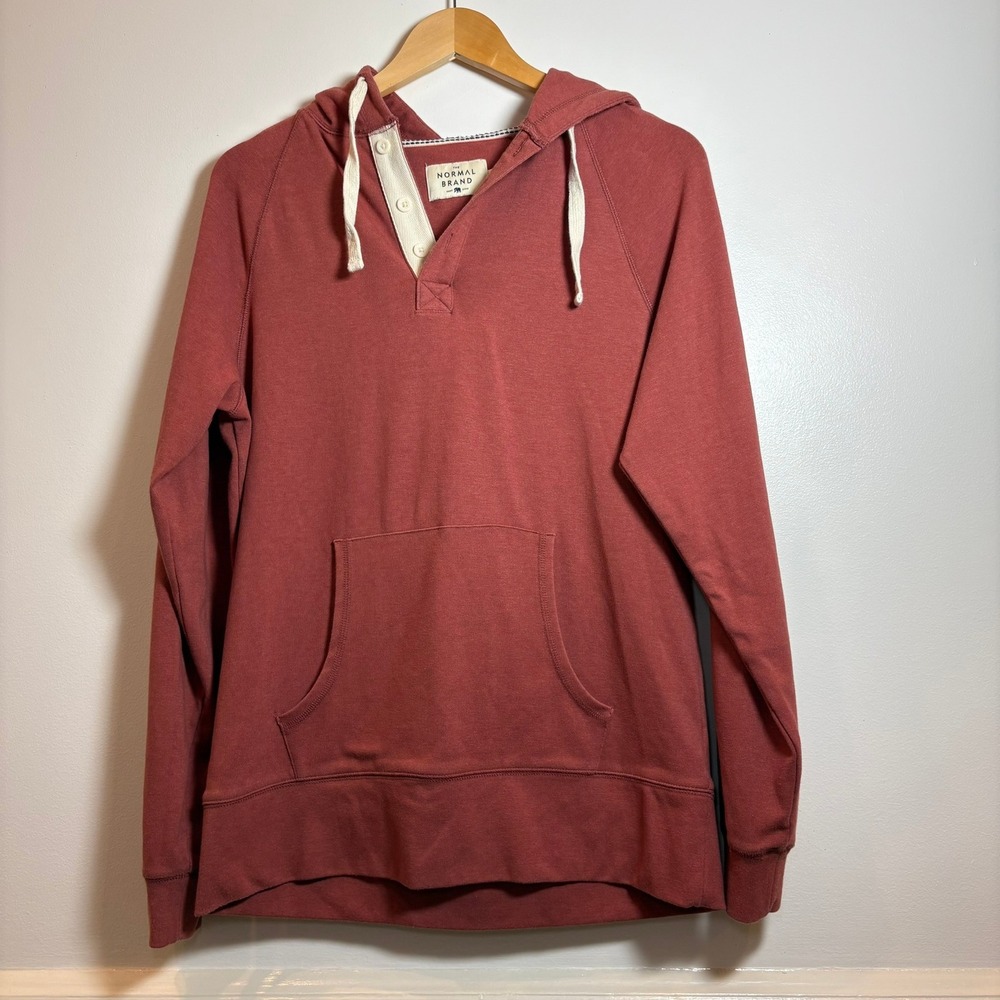 The Normal Brand Henley Hoodie‎ Men's M Rust Red Pullover Kangaroo Pocket Casual
